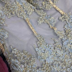 Jovani Gold and Blue Lace Prom Dress